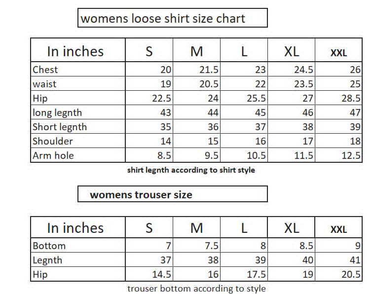 Size chart for women's loose shirts and trousers in inches