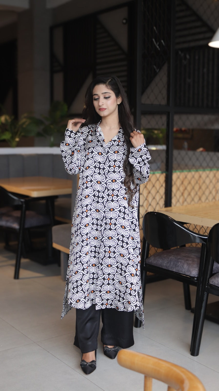 Kundan black and white printed stitched dress with matching trousers