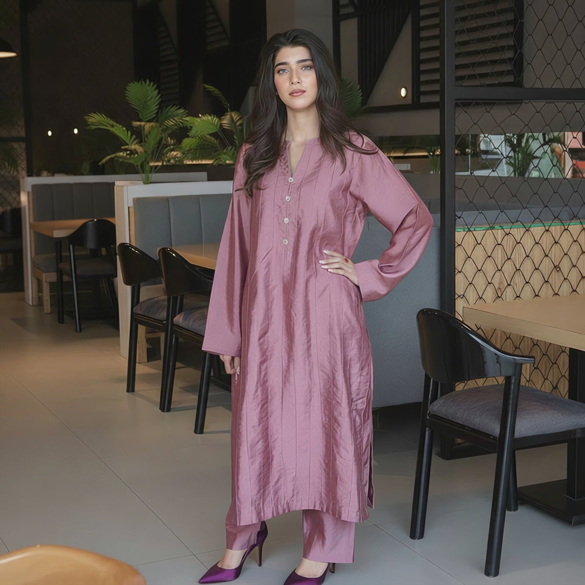 Luxury Zoya Tea Pink Tissue Silk Suit