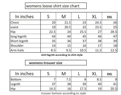 Size chart for women's loose shirts and trousers in inches