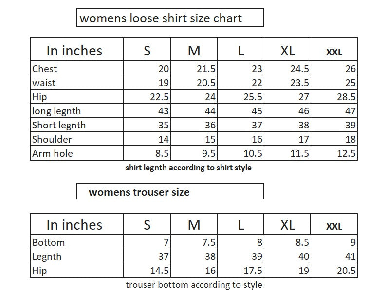 Size chart for women's loose shirts and trousers in inches