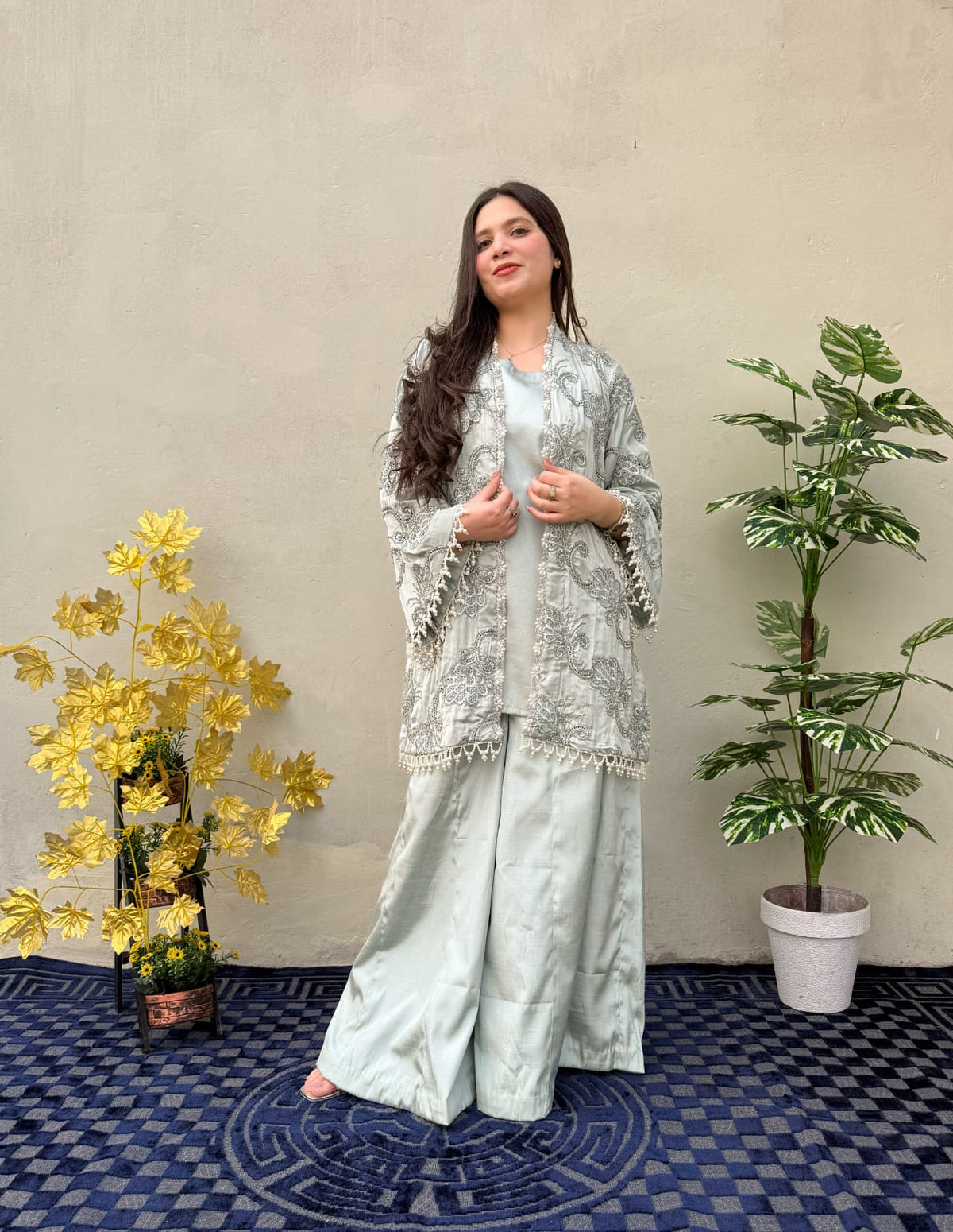 Maya embroidered light green two piece outfit with wide leg trousers