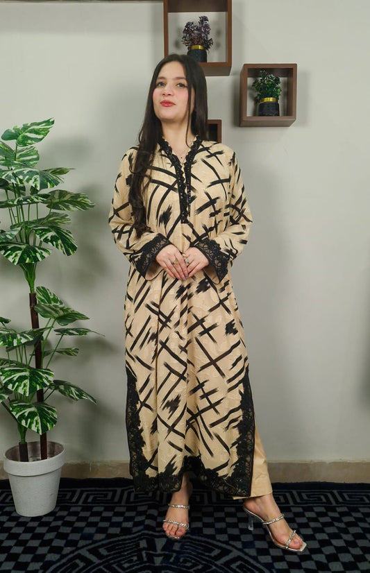 Mirha (Kaftan) beige printed dress with black lace details