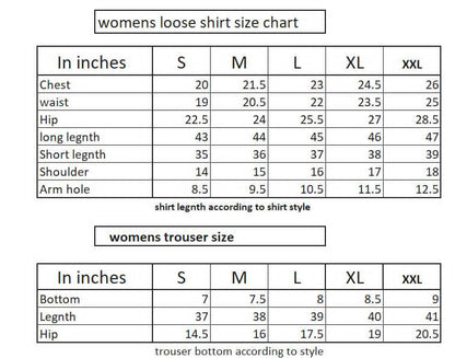 Size chart for women's loose shirts and trousers in inches