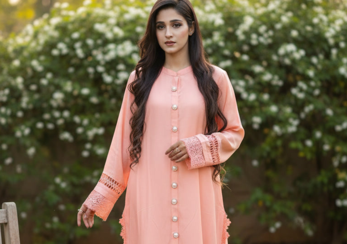 Woman in a peach traditional outfit standing in front of a blurred floral background