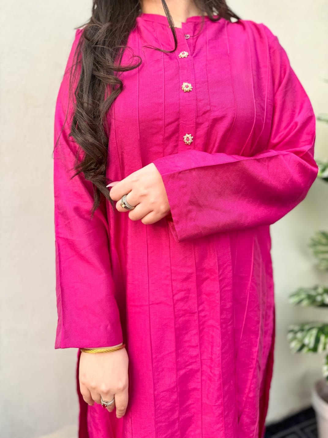 Zoya Hot Pink pintex tissue silk shirt front
