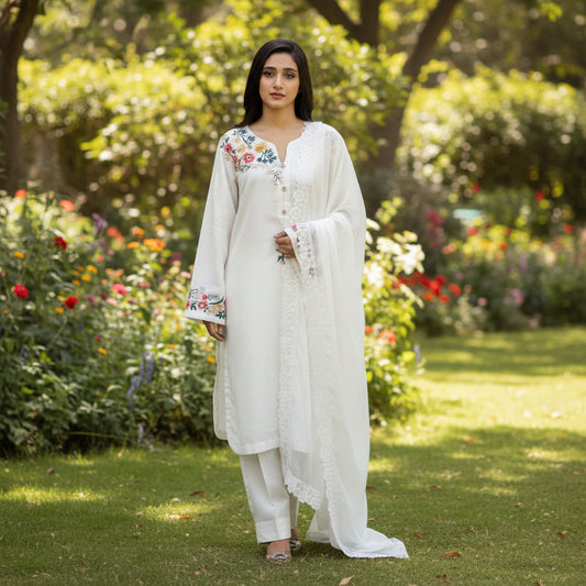 Noor white embroidered stitched 3 piece dress with matching dupatta