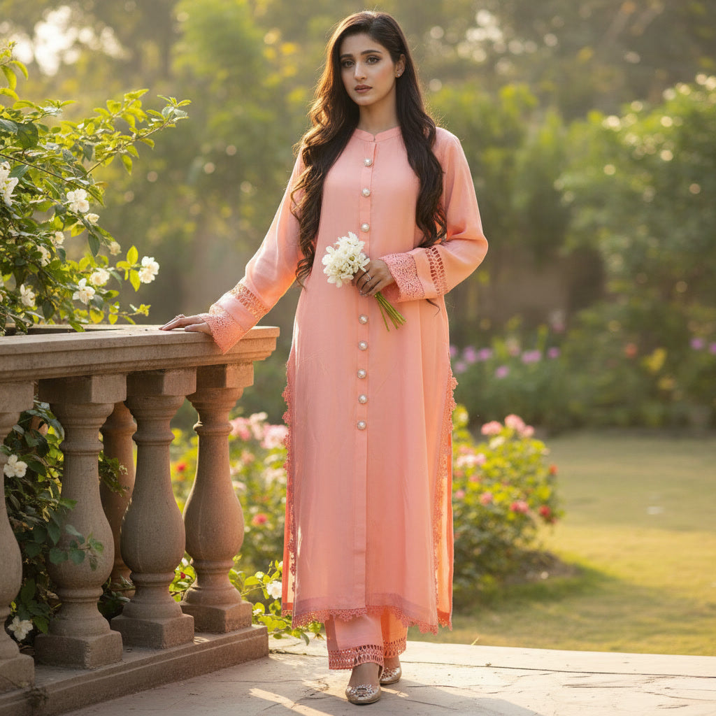 Woman in a peach traditional outfit standing in a garden